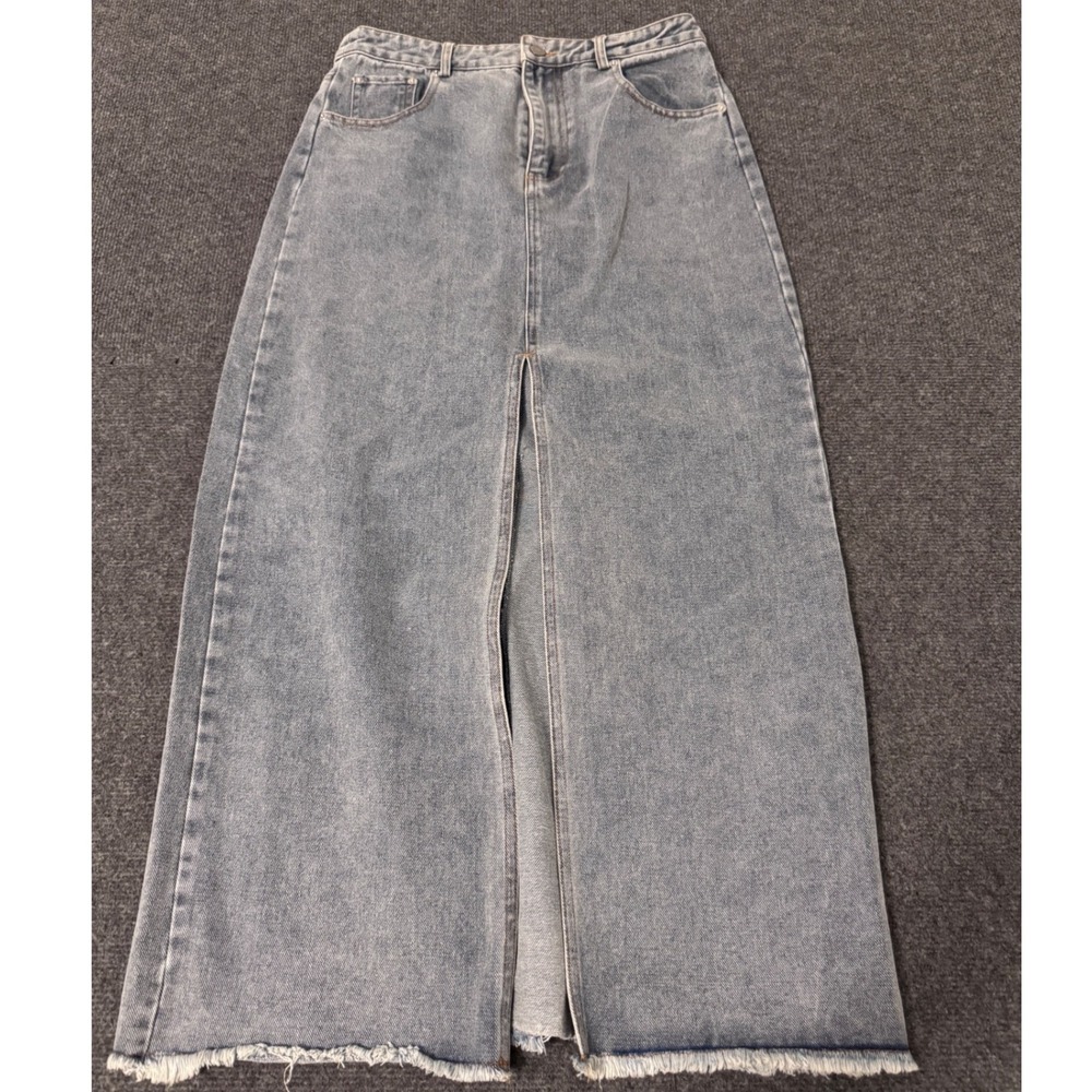 Mimosa Womens Light Wash Denim Maxi Skirt Front Slit Raw Hem Blue Size M chic b2
